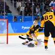 GANGNEUNG, SOUTH KOREA - FEBRUARY 25: Olympic Athletes from Russia's Vyacheslav Voinov #26 (not shown) gets the puck past Germany's Danny Aus Den Birken #33 to score a first period goal with Yasin Ehliz #42 looking on during gold medal round action at the PyeongChang 2018 Olympic Winter Games. (Photo by Matt Zambonin/HHOF-IIHF Images)

